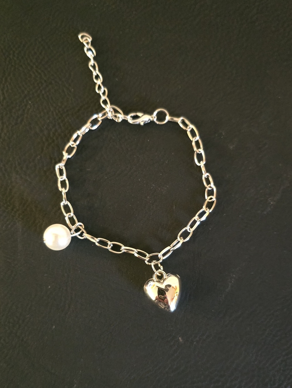 Silver Heart & Pearl Charm Bracelet